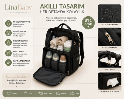 LinaBaby® 5'i 1 Arada Yataklı Bebek Bakım Çantası | Su Geçirmez, Geniş Hacimli Anne & Bebek Sırt Çantası