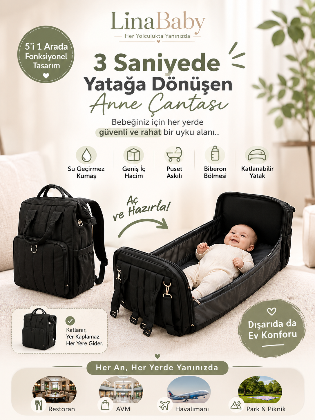 LinaBaby® 5'i 1 Arada Yataklı Bebek Bakım Çantası | Su Geçirmez, Geniş Hacimli Anne & Bebek Sırt Çantası