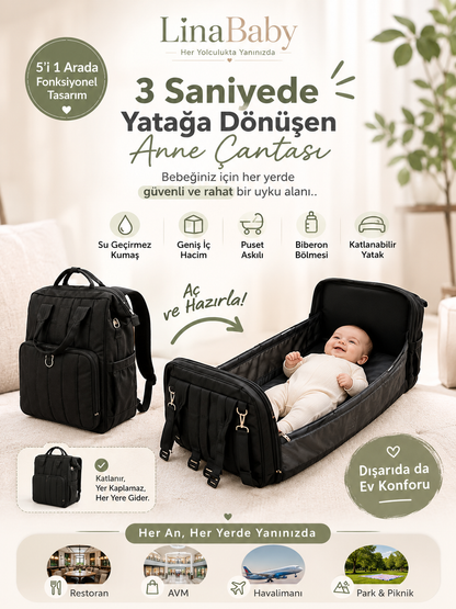 LinaBaby® 5'i 1 Arada Yataklı Bebek Bakım Çantası | Su Geçirmez, Geniş Hacimli Anne & Bebek Sırt Çantası