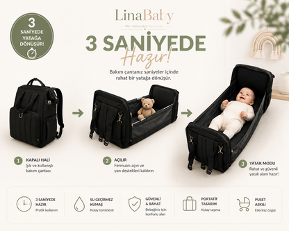 LinaBaby® 5'i 1 Arada Yataklı Bebek Bakım Çantası | Su Geçirmez, Geniş Hacimli Anne & Bebek Sırt Çantası