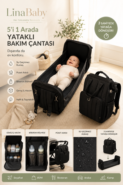 LinaBaby® 5'i 1 Arada Yataklı Bebek Bakım Çantası | Su Geçirmez, Geniş Hacimli Anne & Bebek Sırt Çantası